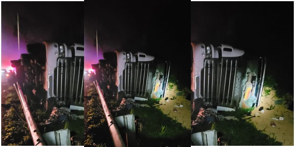 Três carros colidem após tombamento de caminhão na BR 277