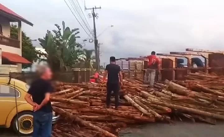 Caminhão carregado com toras tomba e espalha carga em rotatória da PR-151 em Carambeí