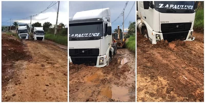Dois caminhões encalham em lamaçal no Jardim Monte Carlo em PG