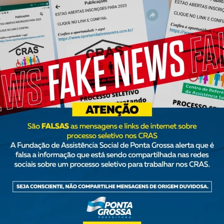 É falsa a informação que está sendo compartilhada nas redes sociais sobre um processo seletivo para trabalhar nos CRAS