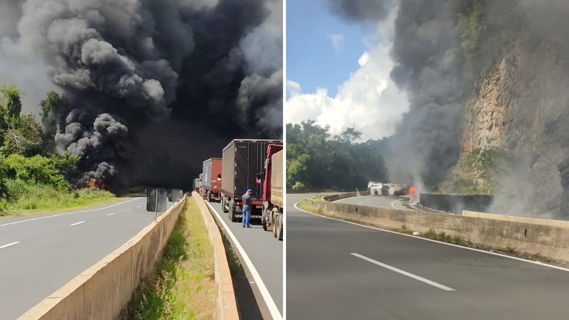 Caminhão de combustível tomba, pega fogo e interdita totalmente a BR-376
