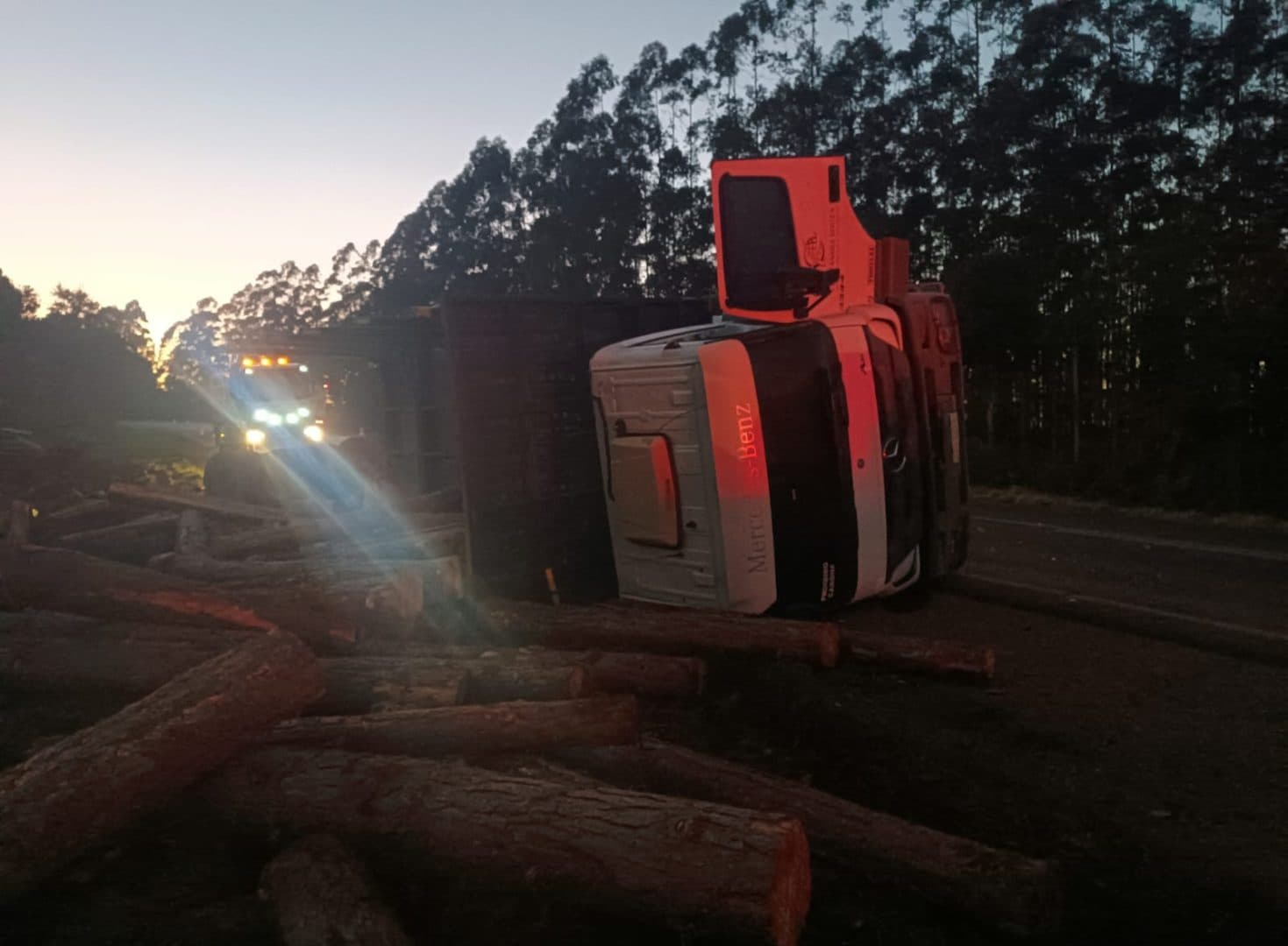 Caminhão carregado com toras tomba e motorista fica ferido na PR-151