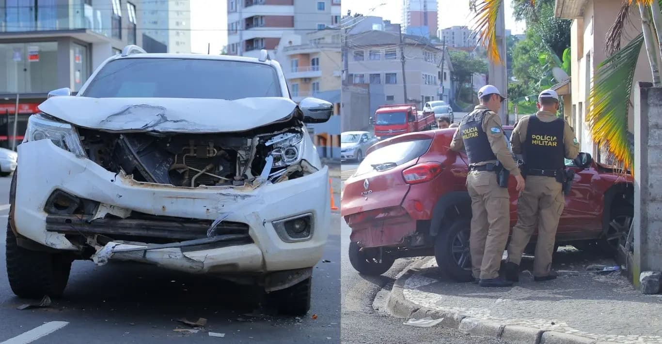 Motorista de app é atingido por caminhonete e derruba muro em Ponta Grossa