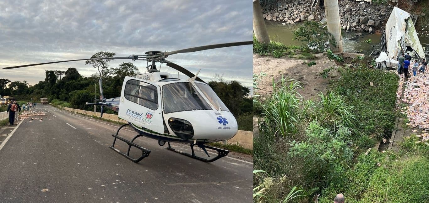 Motorista morre após caminhão cair de ponte na BR-376 em Ponta Grossa