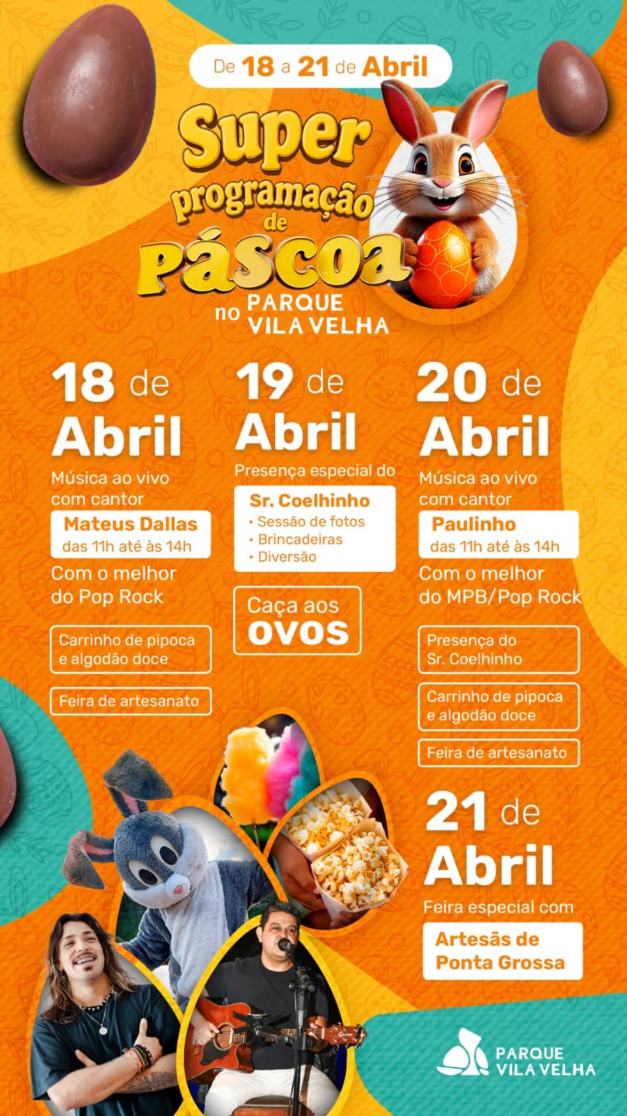 Entre os dias 18 e 21 de abril, visitantes poderão participar de apresentações musicais, caça aos ovos, feira de artesanato e vivências gastronômicas em meio à natureza