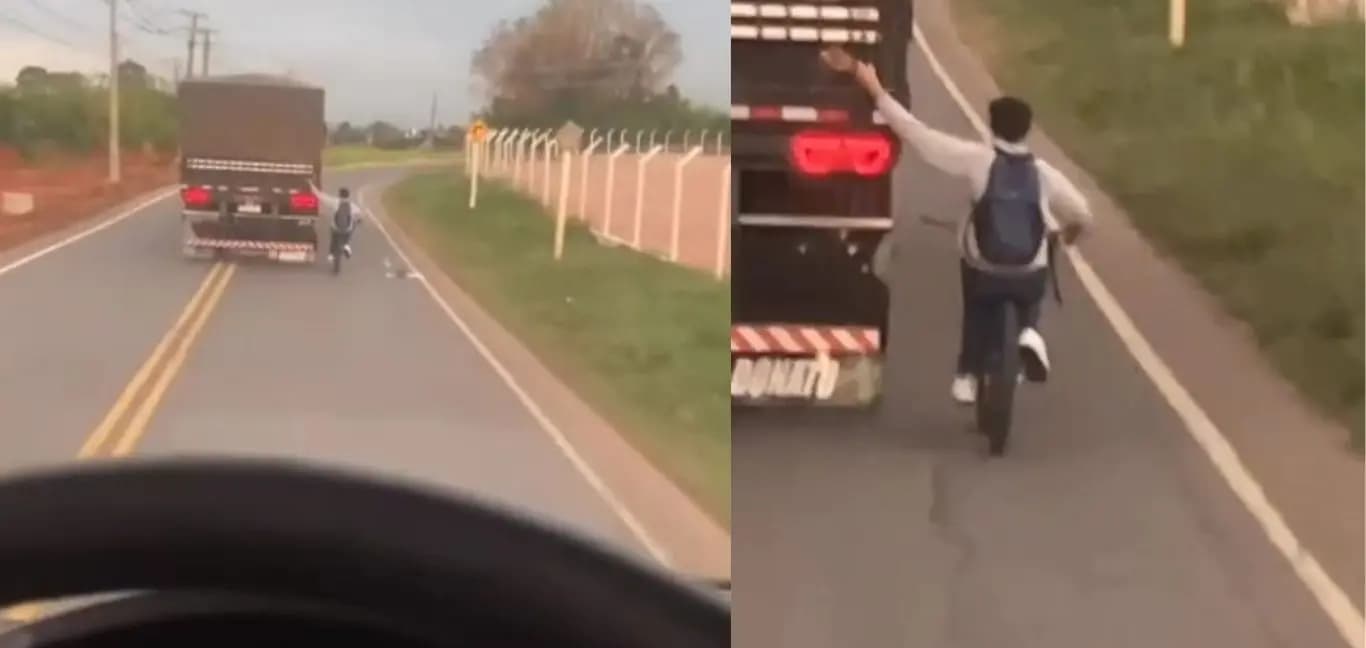 Jovem é flagrado pegando carona na rabeira de caminhão em PG; veja vídeo