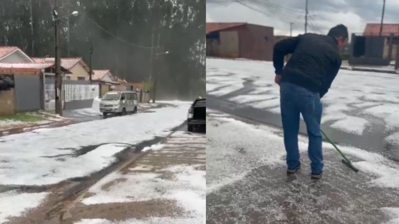 Chuva de granizo cobre rodovia em Castro