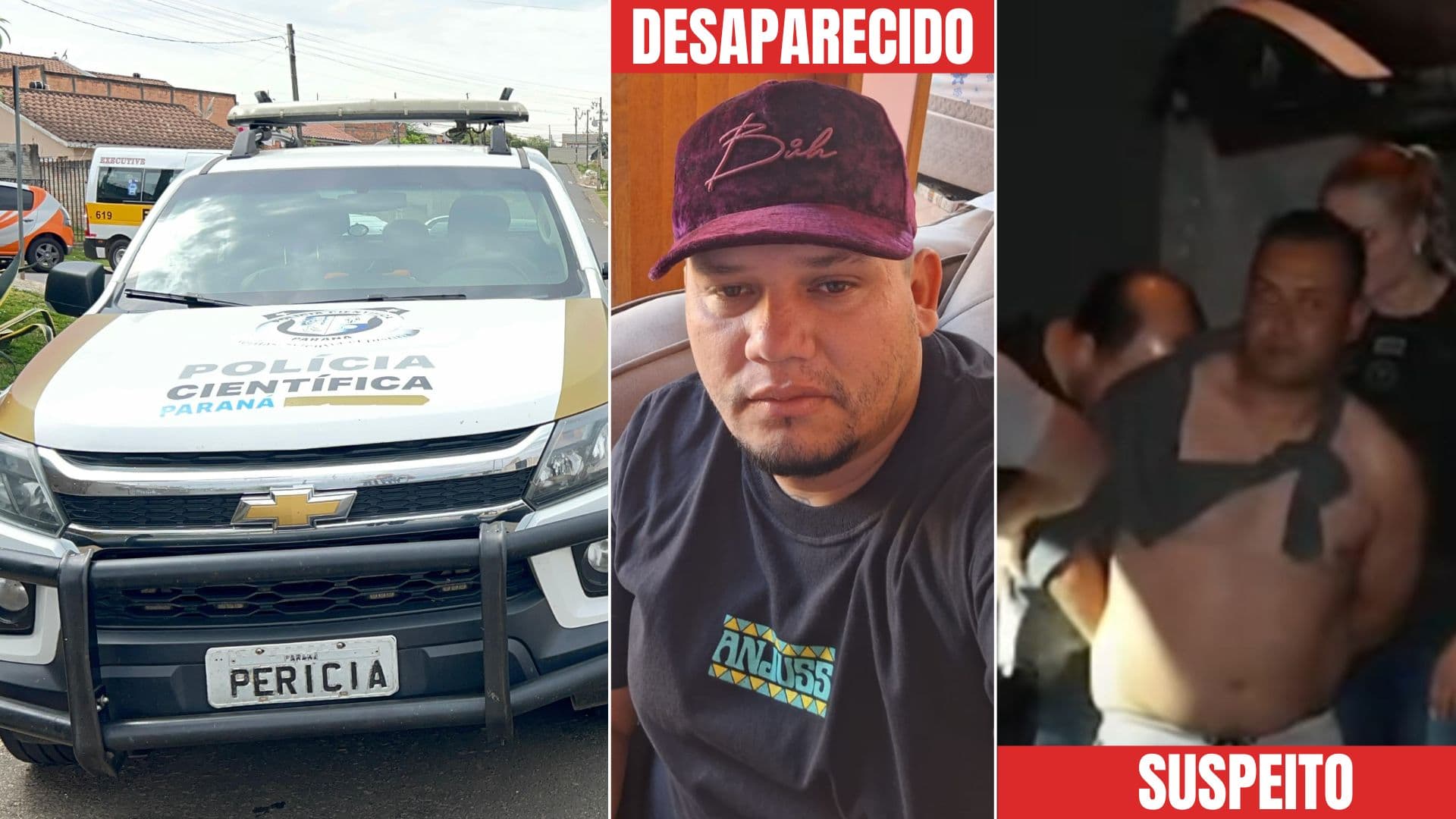 Foto com Marlon que está desaparecido em Ponta Grossa e o suspeito sendo preso pela polícia.