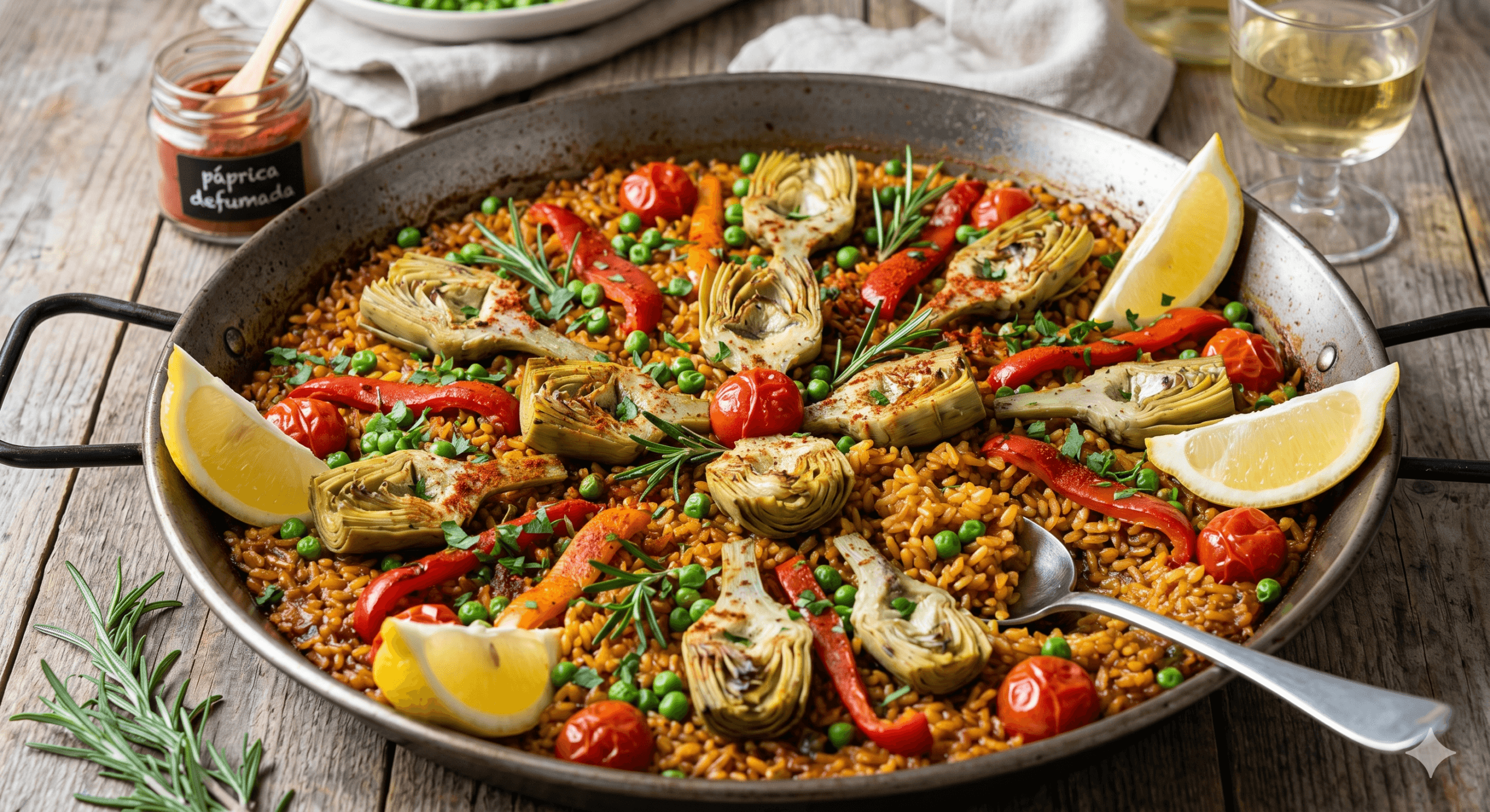 Paella vegetariana com alcachofra e páprica defumada