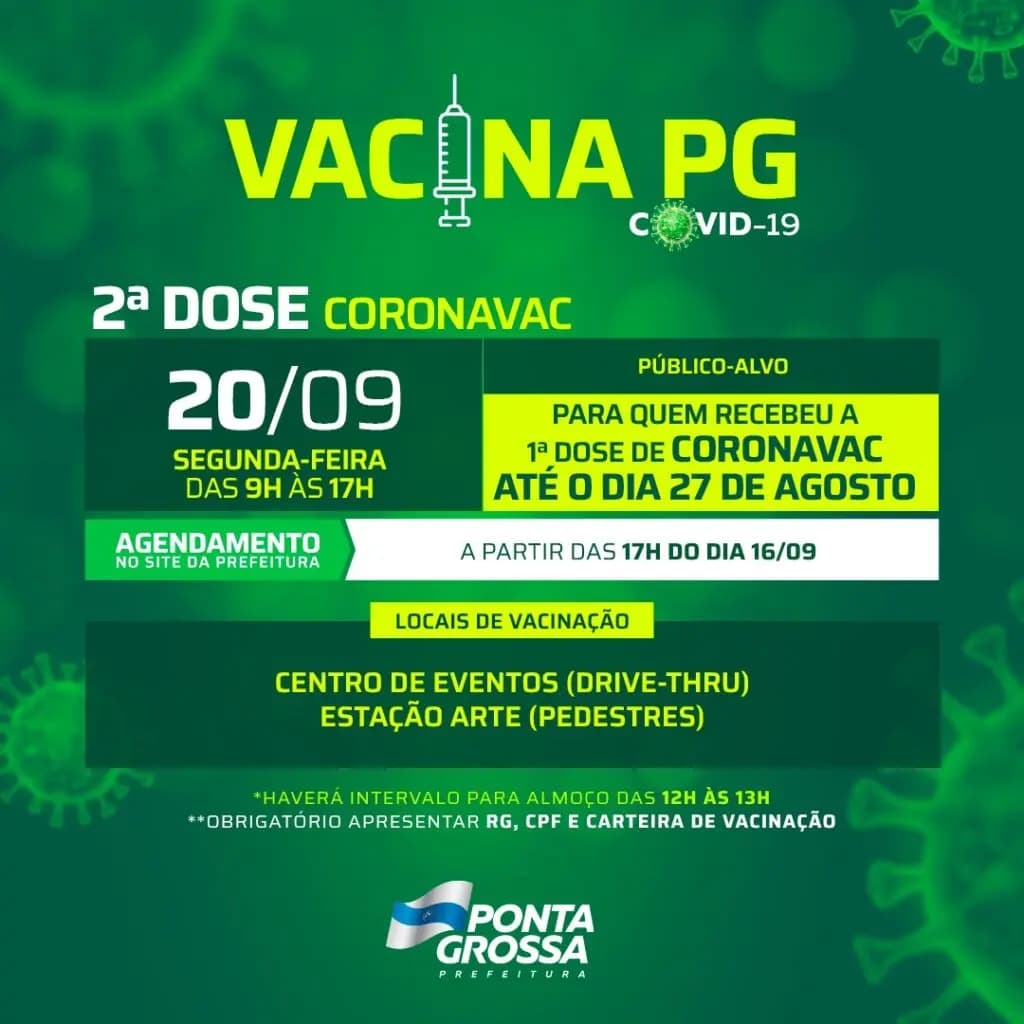 Ponta Grossa vacina 2ª dose de Astrazeneca e Coronavac na segunda-feira (20)