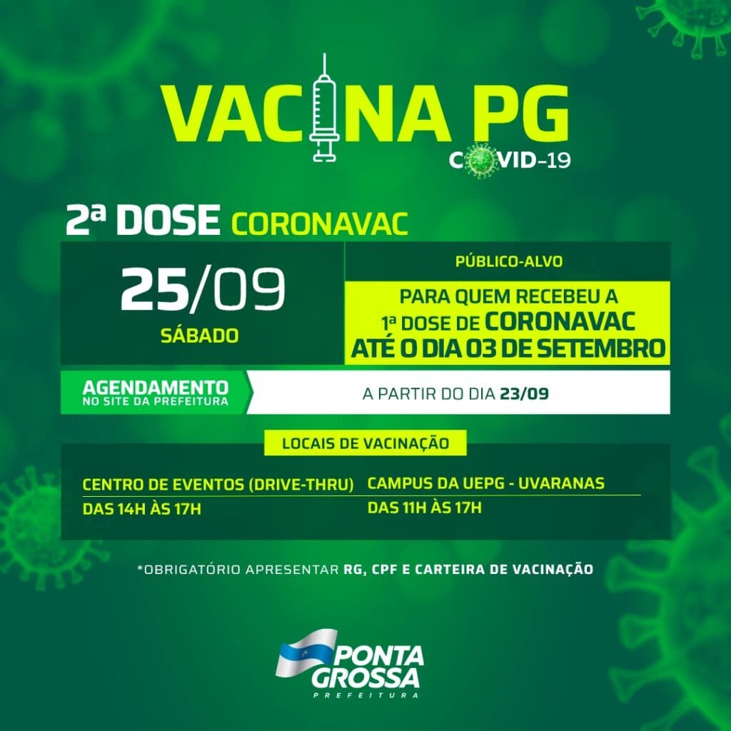Ponta Grossa abre novo agendamento de 2ª dose para público que tomou Coronavac