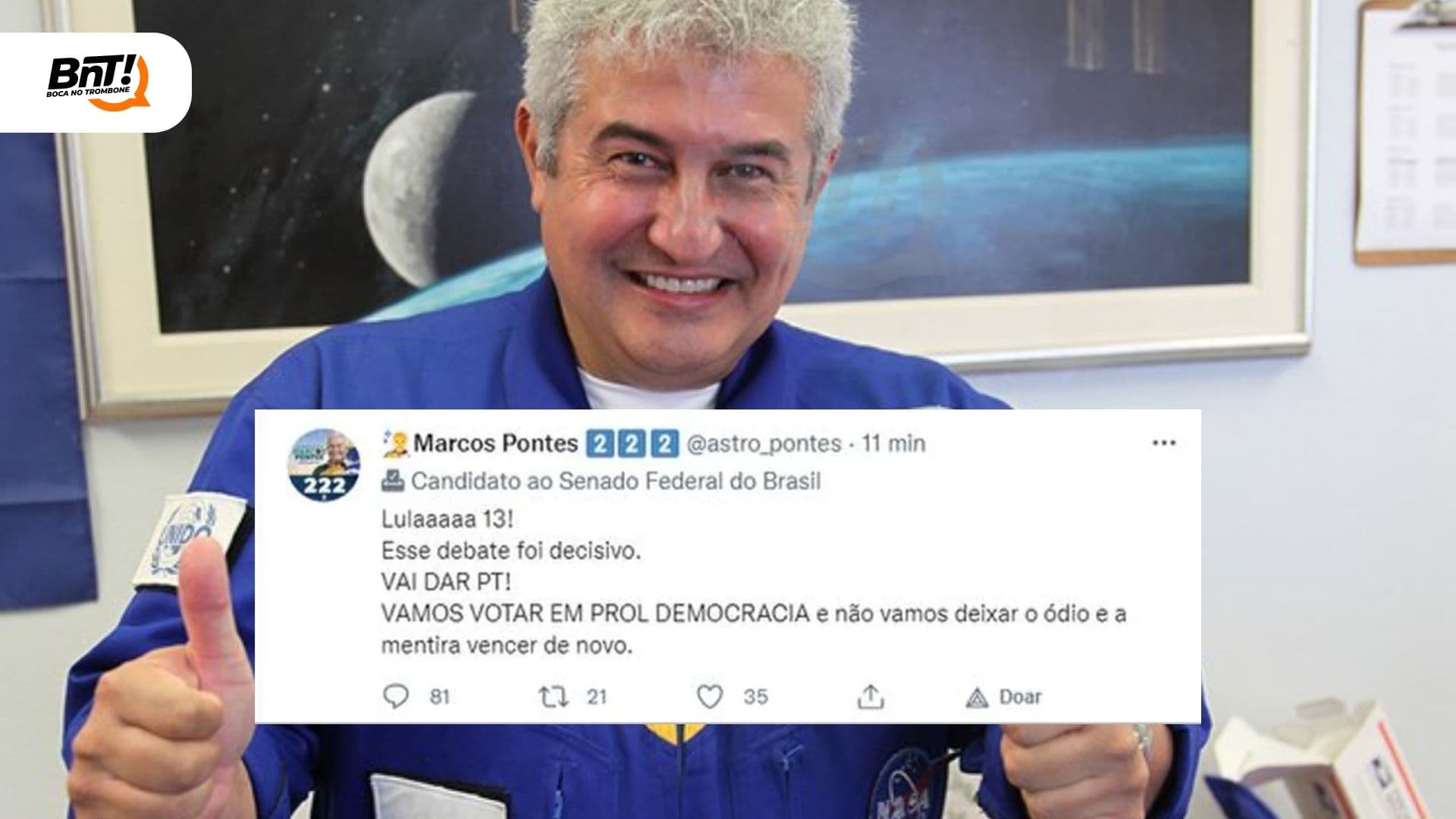 Marcos Pontes declara voto em Lula no Twitter: ‘Foi hacker’