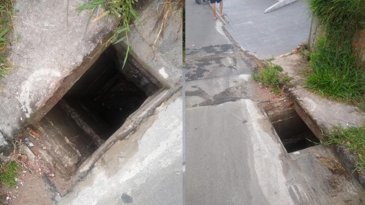 Buraco profundo próximo à saída de escola preocupa pais em bairro de PG