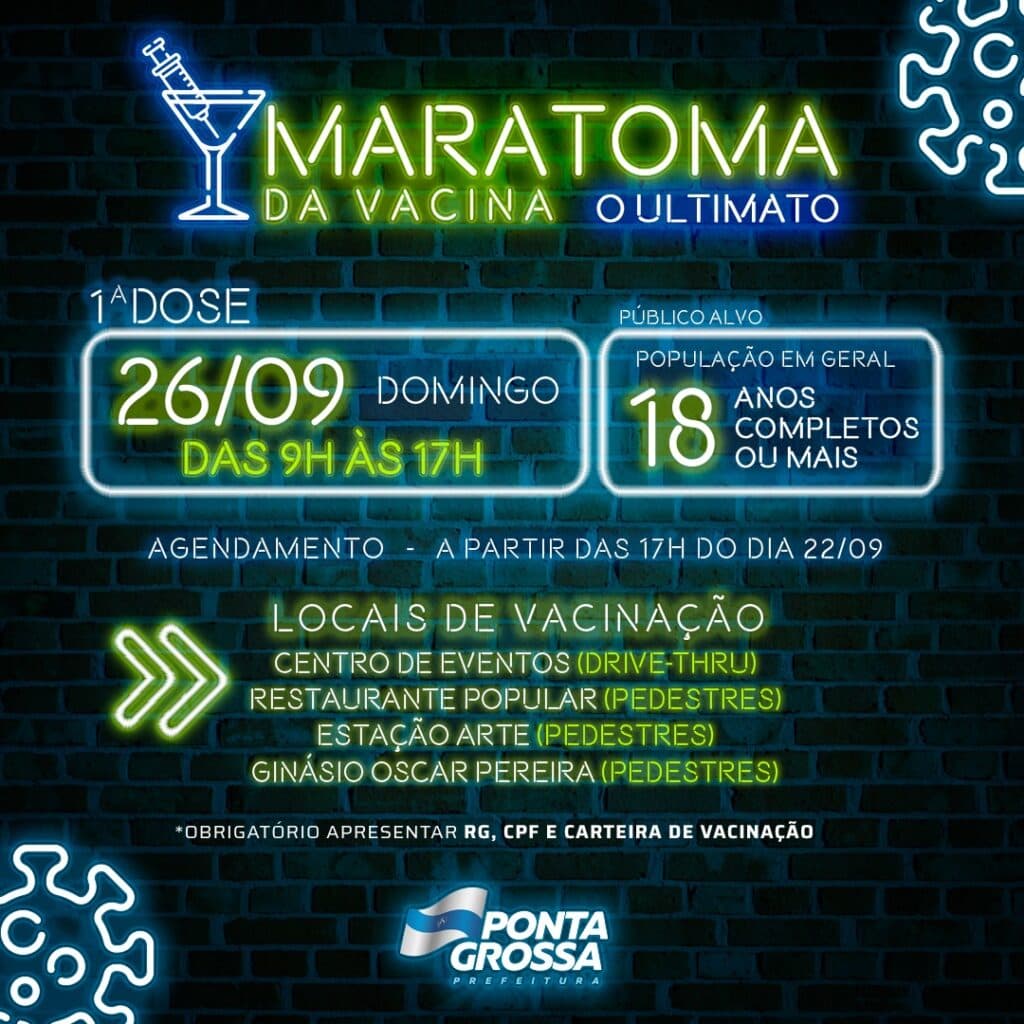 PG faz mutirão de vacina contra Covid-19 para pessoas com 18 anos ou mais