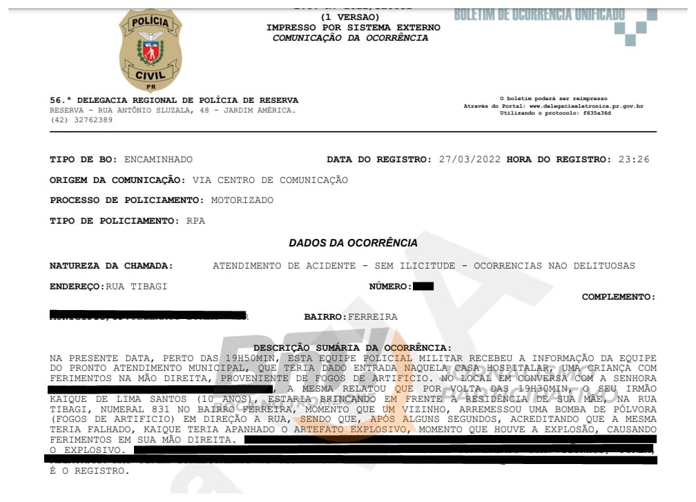 Boletim criança dedos amputados