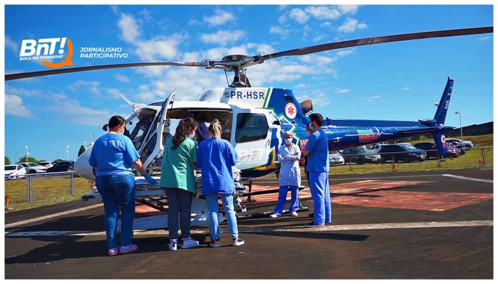 Em estado grave motorista que colidiu contra caminhão é transportado pelo helicóptero do SAMU