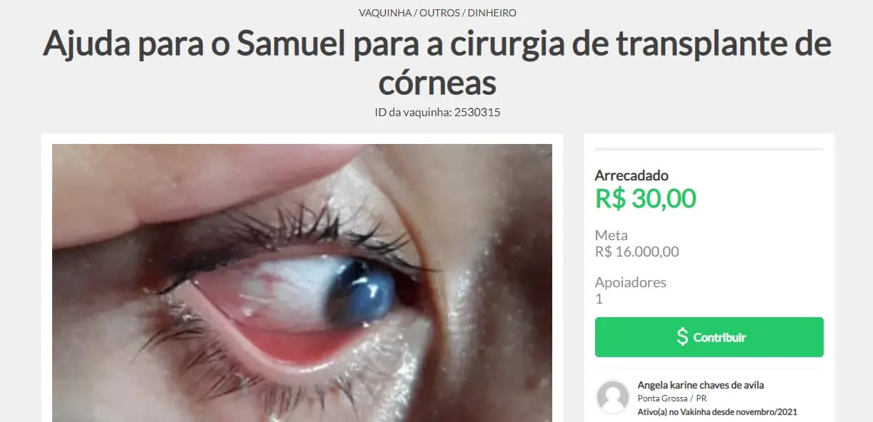 Família realiza vaquinha online para transplante de córnea de Samuel, de 15 anos