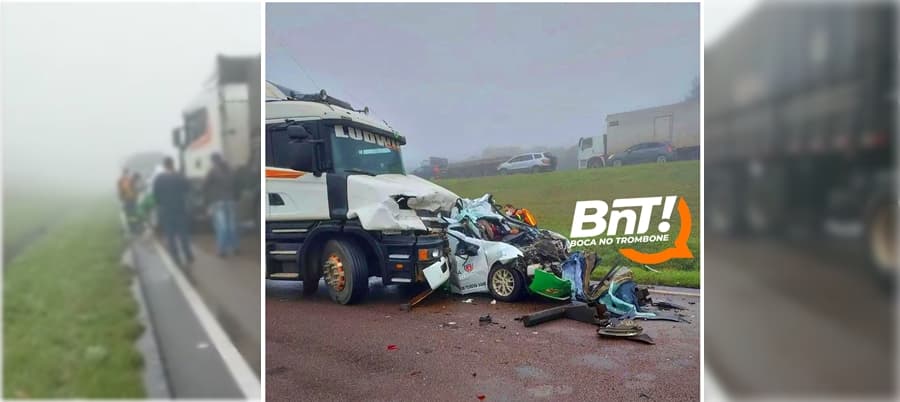 Urgente: Carro é esmagado por caminhão em sequência de acidentes na BR-277
