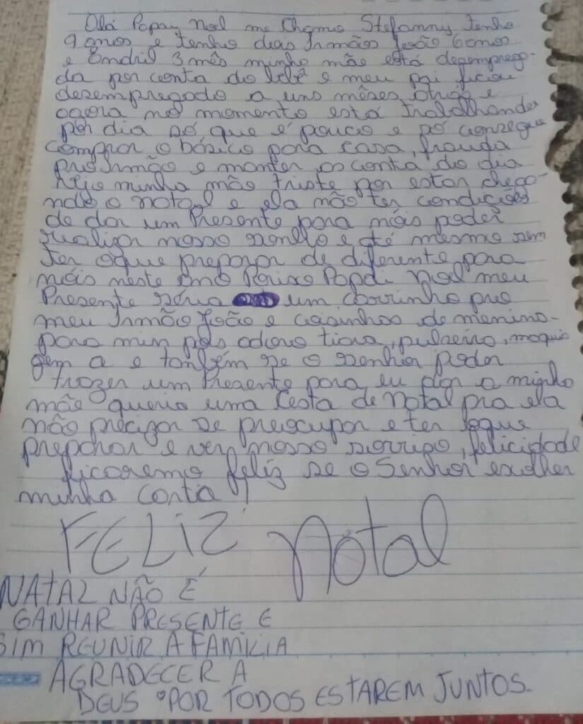 Criança de PG escreve cartinha comovente ao Papai Noel pedindo ajuda para família