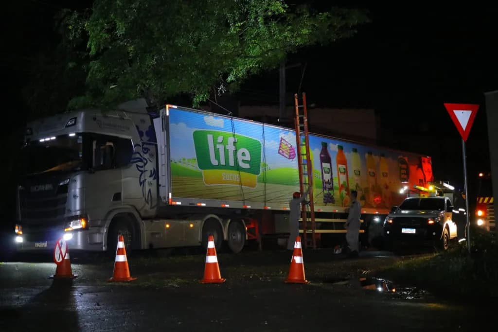 Caminhão bate em árvore, interdita via e deixa ruas sem luz em Uvaranas