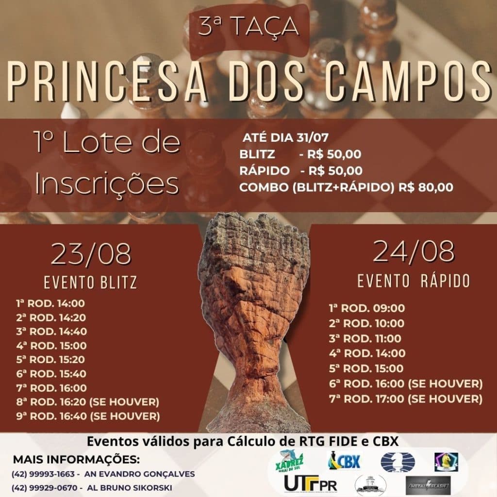 Inscrições abertas para a 3ª Taça Princesa dos Campos de Xadrez; veja valores e datas