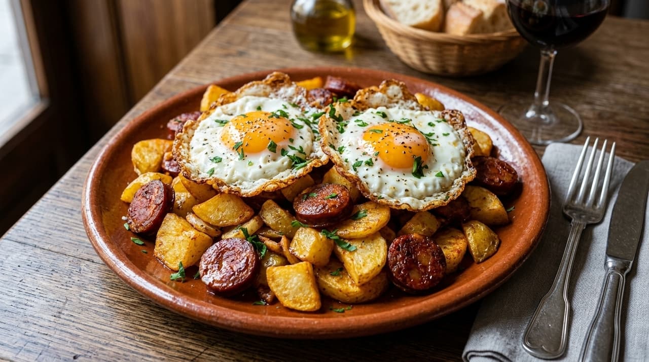 Ovos fritos com batatas: truque do chouriço e alho