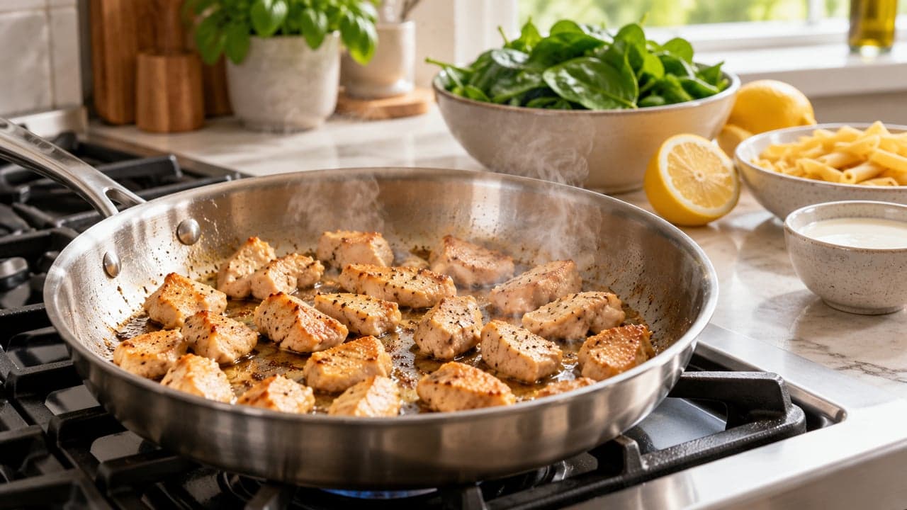 Massa cremosa de frango com limão e espinafre em 30 min