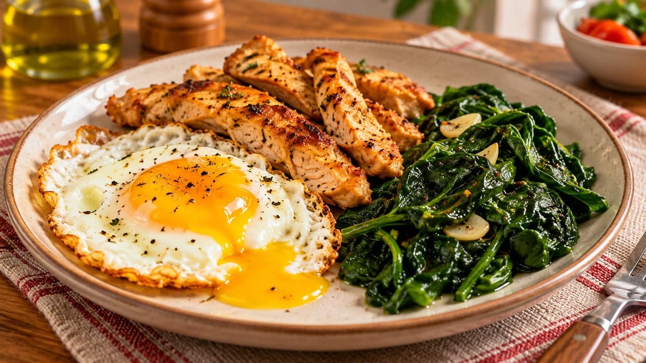 Ovos fritos perfeitos: troque bacon por frango e espinafre