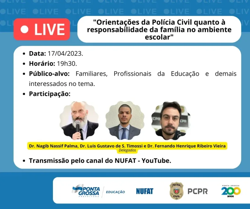 A transmissão terá a participação dos delegados Dr. Nagib Nassif Palma, Dr. Luis Gustavo de S. Tomassi e do Dr. Fernando Henrique Ribeiro Vieira