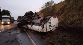Caminhão carregado com diesel tomba na BR-376 em Ponta Grossa