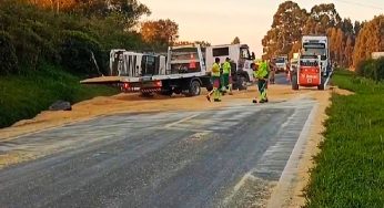 Caminhão carregado de soja tomba e deixa PR-151 interditada
