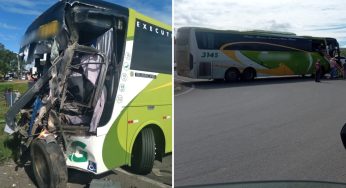 Motorista de ônibus de turismo é ejetado após colidir com caminhão em Jaguariaíva