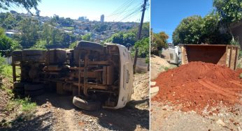 Caminhão carregado com pedras tomba durante obras de pavimentação em PG