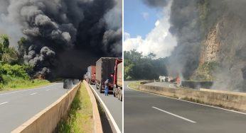Caminhão de combustível tomba, pega fogo e interdita totalmente a BR-376