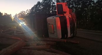 Caminhão carregado com toras tomba e motorista fica ferido na PR-151
