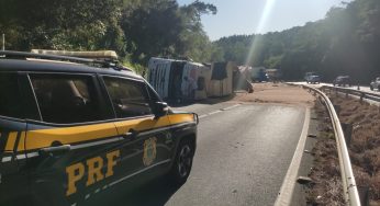 Caminhão tomba e espalha carga na BR-376 entre Tibagi e Ponta Grossa