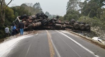 Caminhão com farinha de trigo tomba e bloqueia a BR-153 na região