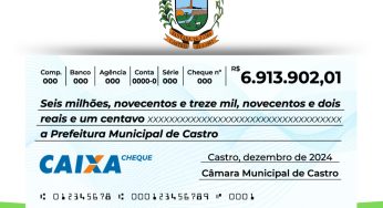 Câmara de Castro devolve ao Executivo Municipal R$ 6,9mi