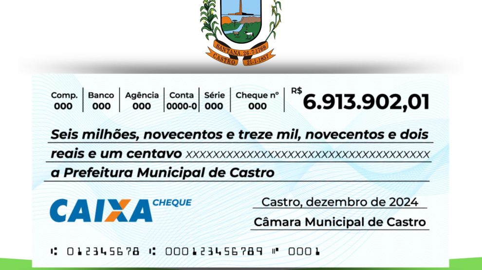 Câmara de Castro devolve ao Executivo Municipal R$ 6,9mi