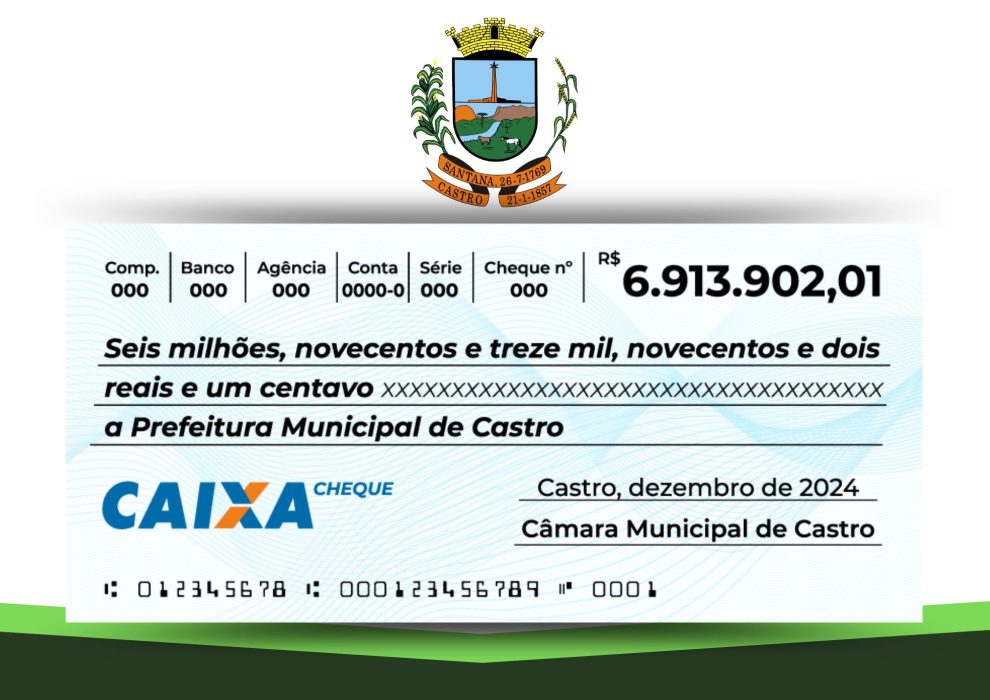 Câmara de Castro devolve ao Executivo Municipal R$ 6,9mi Boca no Trombone Câmara de Castro devolve ao Executivo Municipal R$ 6,9mi