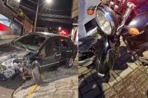 Carro colide com motocicleta perde controle e atinge fachada de clínica em PG