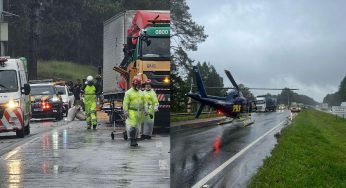 Colisão traseira entre caminhões na BR-116 em Piraquara deixa um ferido grave